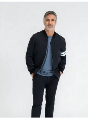 Sene Men's Black Bomber Jacket with White Sleeve Stripes size large. High end